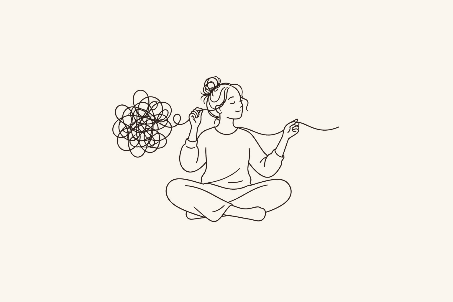 A seated woman calmly holds a thread that runs from a dense tangle on one side into a single clear line on the other.